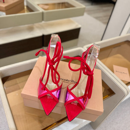 GIANVITO ROSSI 26S HEELS 105 MM IN RED SUEDE AND METALLIC PINK CALFSKIN