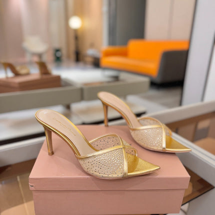 GIANVITO ROSSI 26S POINTED TOE HIGH HEELS 85 MM IN GOLD LAMBSKIN WITH RHINESTONE STRAP