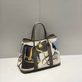 GARDEN PARTY 36 IN IVORY YELLOW BLUE TOILE H CANVAS ETOUPE CALFSKIN EQUESTRIAN HARNESS PRINT