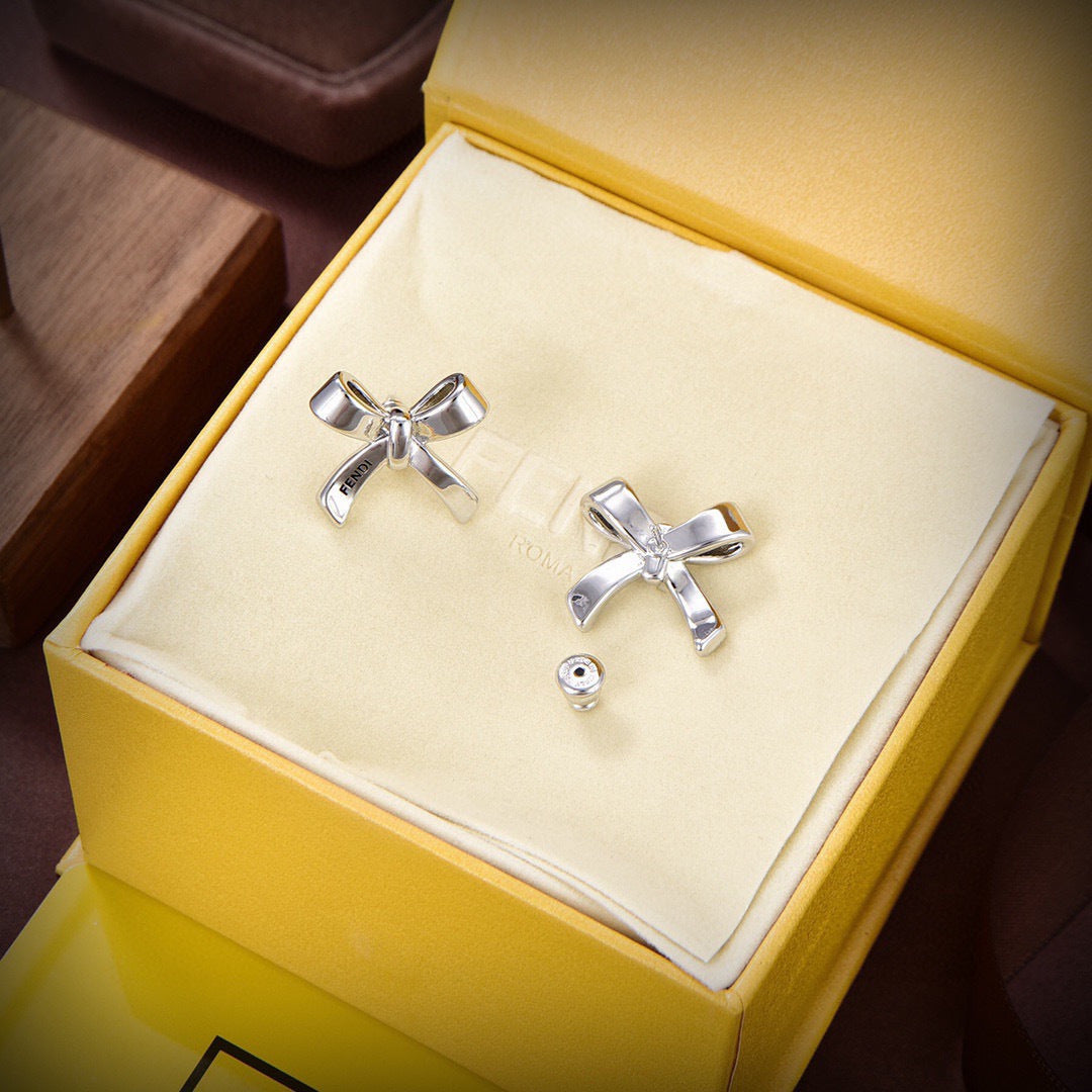 FENDI 26S RIBBON STUD EARRINGS IN SILVER TONE METAL 629091