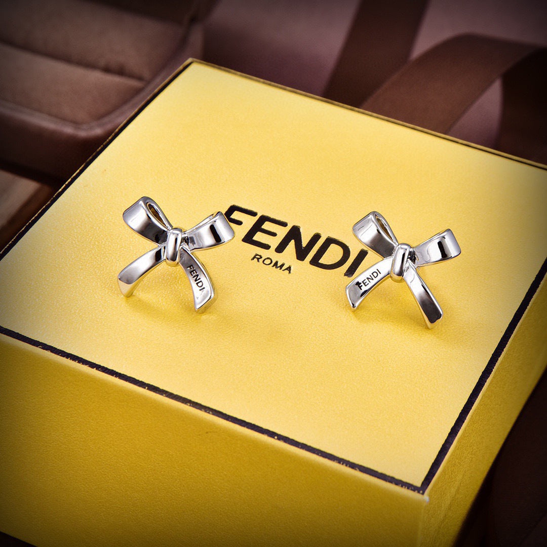 FENDI 26S RIBBON STUD EARRINGS IN SILVER TONE METAL 629091
