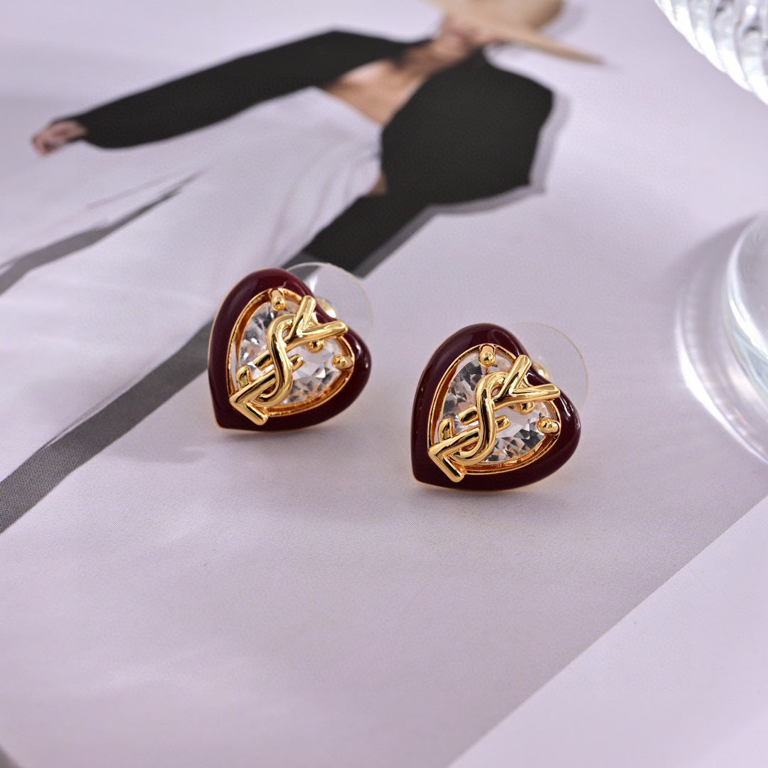 YSL 26S HEART CRYSTAL LOGO STUD EARRINGS IN RED ENAMEL AND GOLD TONE METAL 629854