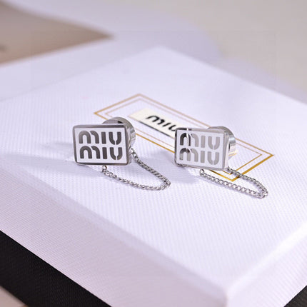 MIUMIU 26S RECTANGULAR LOGO CHAIN STUD EARRINGS IN SILVER TONE METAL 629947