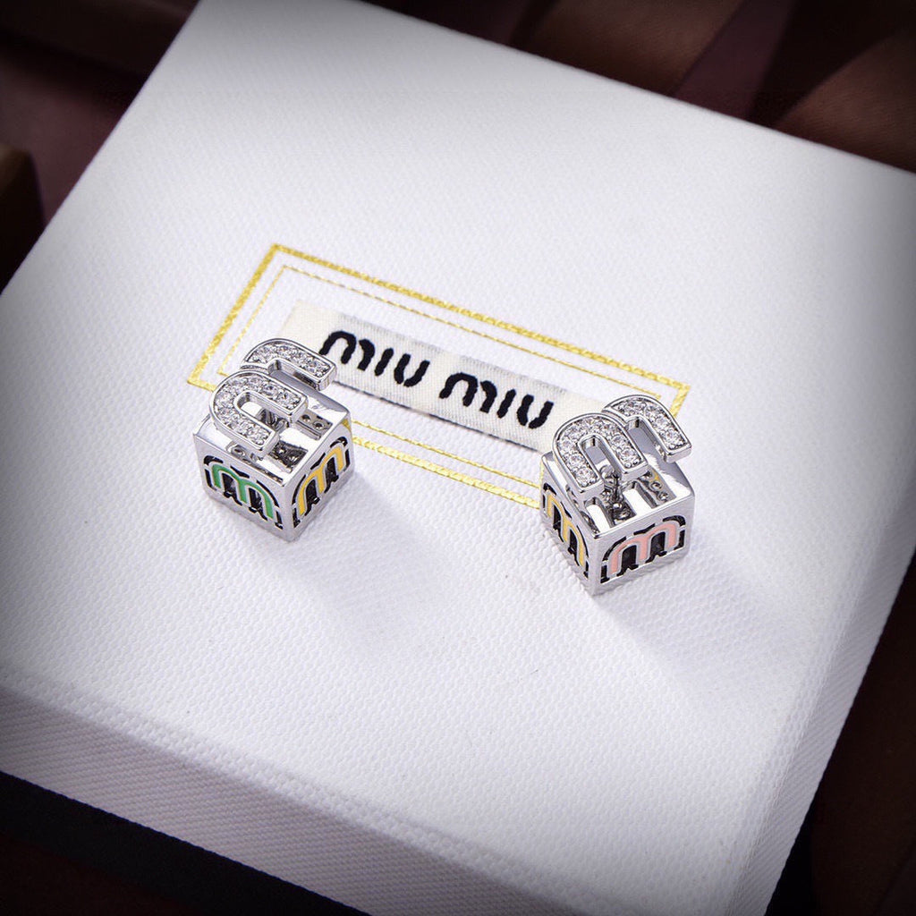 MIUMIU 26S CUBE LOGO CRYSTAL STUD EARRINGS IN MULTICOLOR ENAMEL AND SILVER TONE METAL 630875