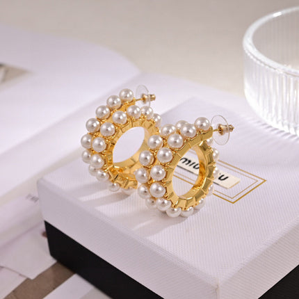 MIUMIU 26S PEARL EMBELLISHED HOOP EARRINGS IN GOLD TONE METAL 631796