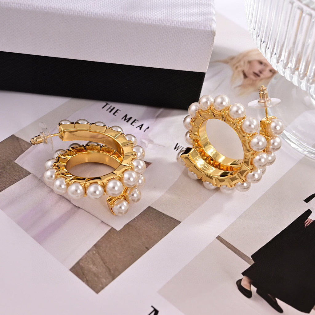 MIUMIU 26S PEARL EMBELLISHED HOOP EARRINGS IN GOLD TONE METAL 631796