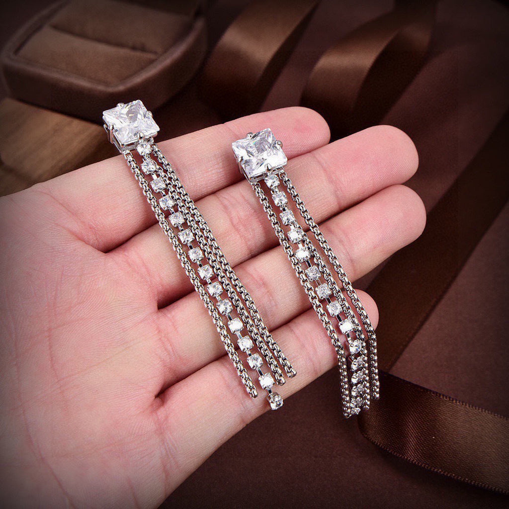 MIUMIU 26S SQUARE CRYSTAL CASCADE TASSEL DROP EARRINGS IN SILVER TONE METAL 635075