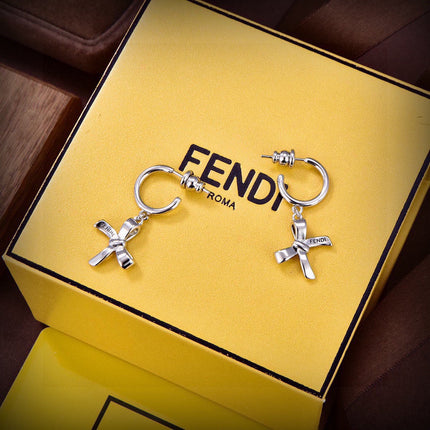 FENDI 26S FF RIBBON CHARM HOOP EARRINGS IN SILVER TONE METAL 634938