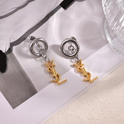 YSL 26S DOUBLE TONE LINK LOGO DROP EARRINGS IN GOLD & SILVER TONE METAL 634939
