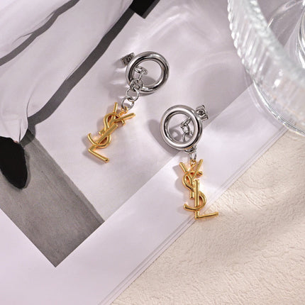 YSL 26S DOUBLE TONE LINK LOGO DROP EARRINGS IN GOLD & SILVER TONE METAL 634939