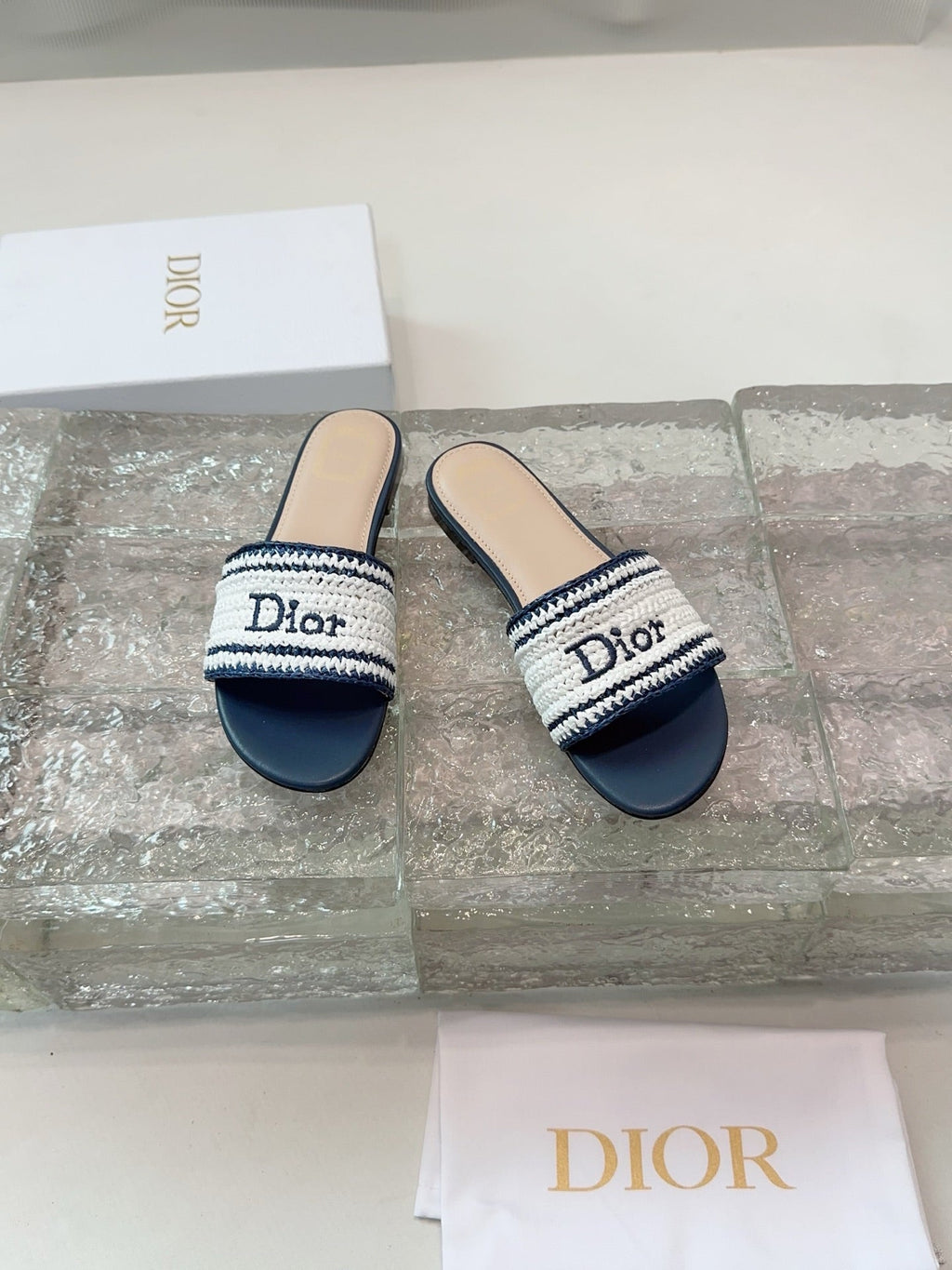 DIOR 26S WOVEN-STRAP SANDALS IN WHITE AND NAVY BLUE CALFSKIN