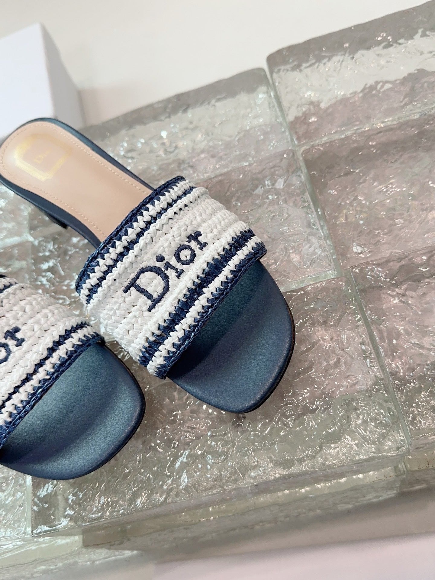 DIOR 26S WOVEN-STRAP HIGH-HEEL SANDALS IN WHITE AND NAVY BLUE CALFSKIN
