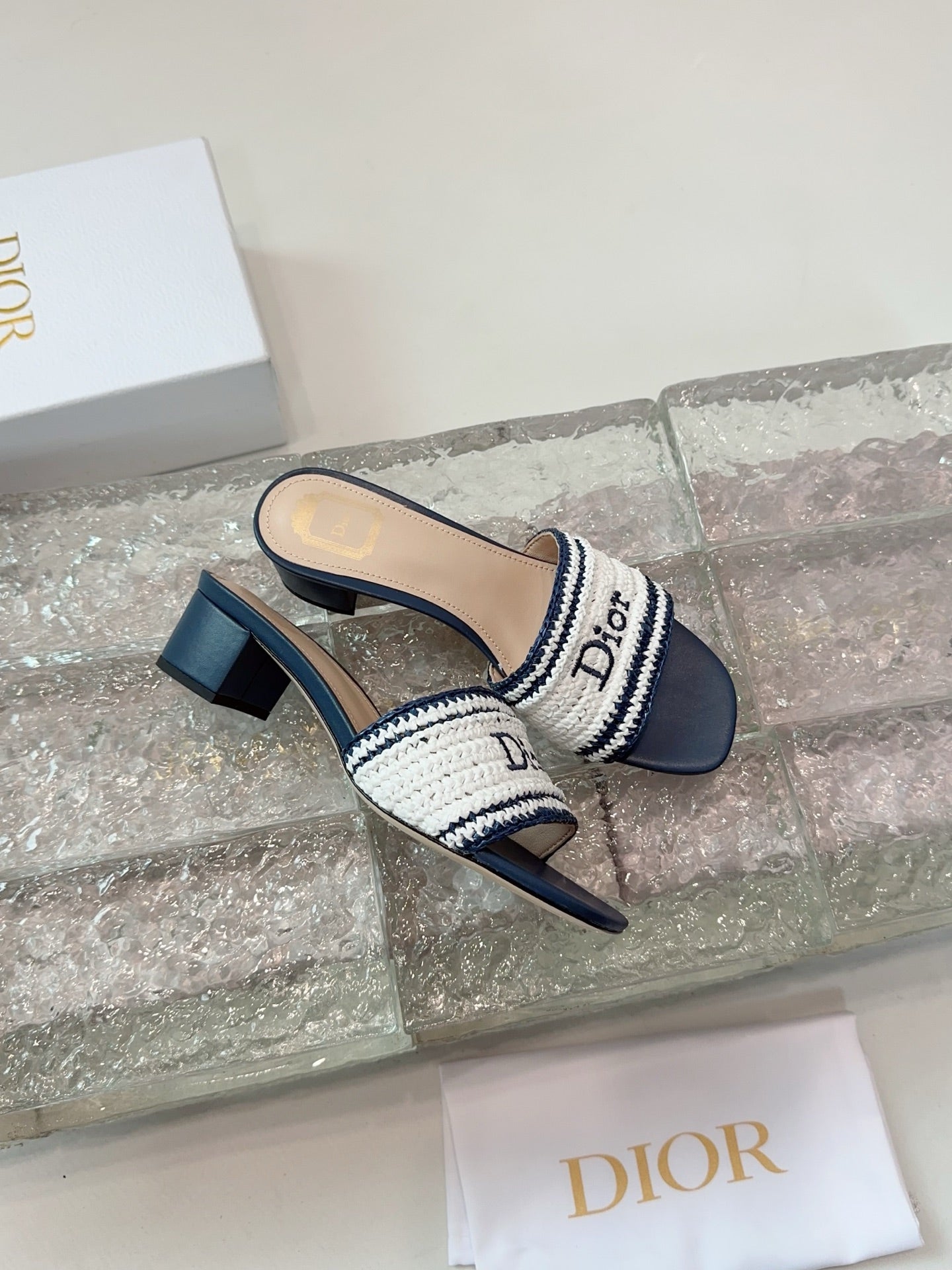 DIOR 26S WOVEN-STRAP HIGH-HEEL SANDALS IN WHITE AND NAVY BLUE CALFSKIN