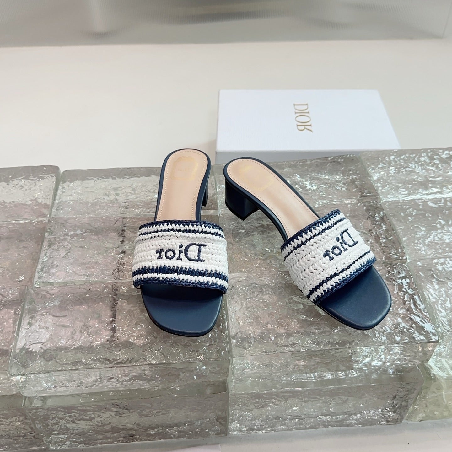 DIOR 26S WOVEN-STRAP HIGH-HEEL SANDALS IN WHITE AND NAVY BLUE CALFSKIN
