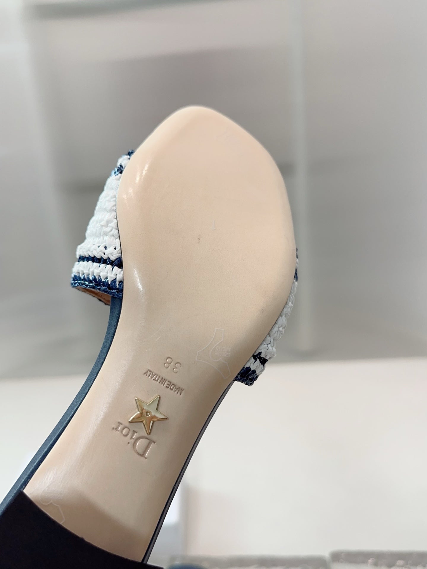 DIOR 26S WOVEN-STRAP HIGH-HEEL SANDALS IN WHITE AND NAVY BLUE CALFSKIN