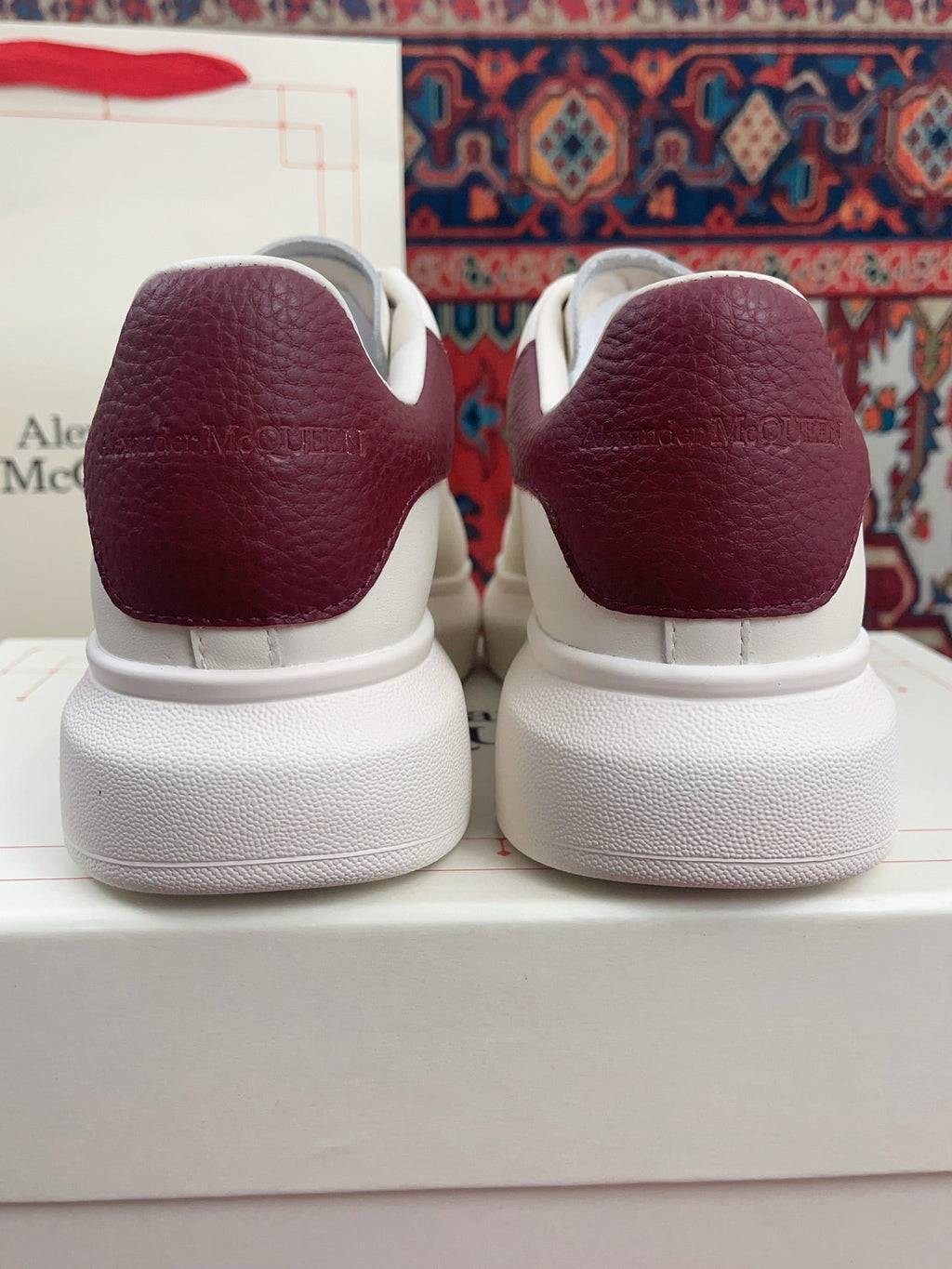 OVERSIZED SNEAKER IN WHITE CALFSKIN BURGUNDY EMBOSSED HEEL TAB