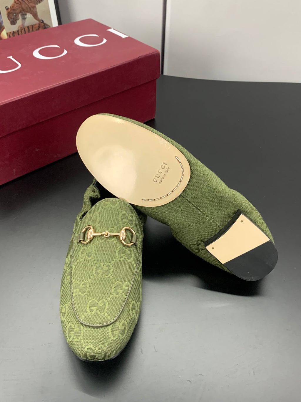 GUCCI 26S LOAFERS IN MOSS GREEN CANVAS