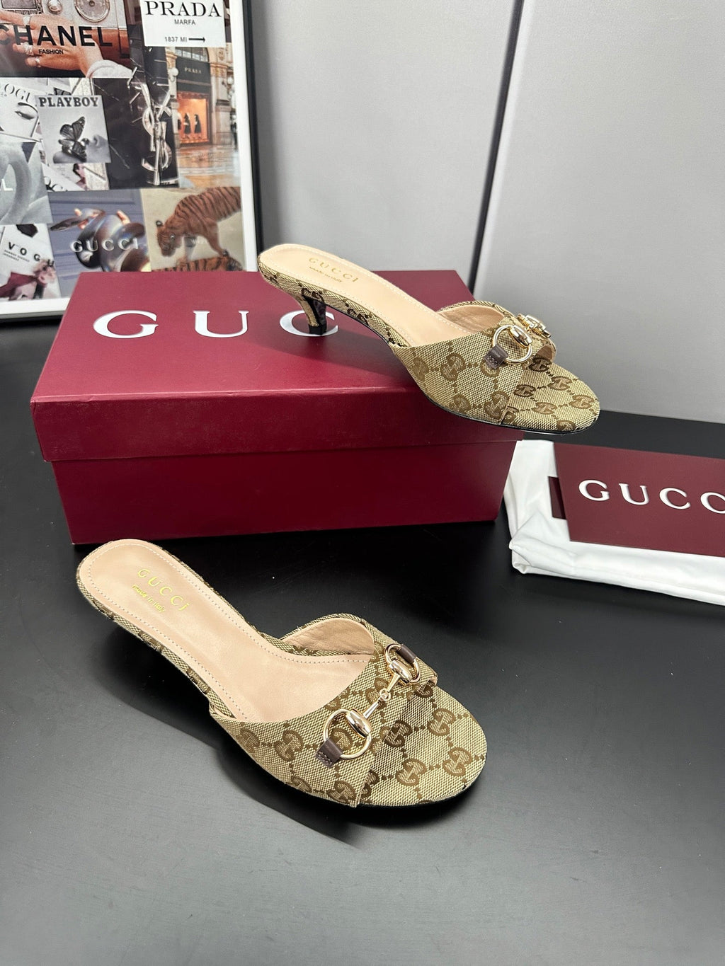 GUCCI 26S HIGH-HEELED SANDALS 50 MM IN DARK BEIGE CANVAS