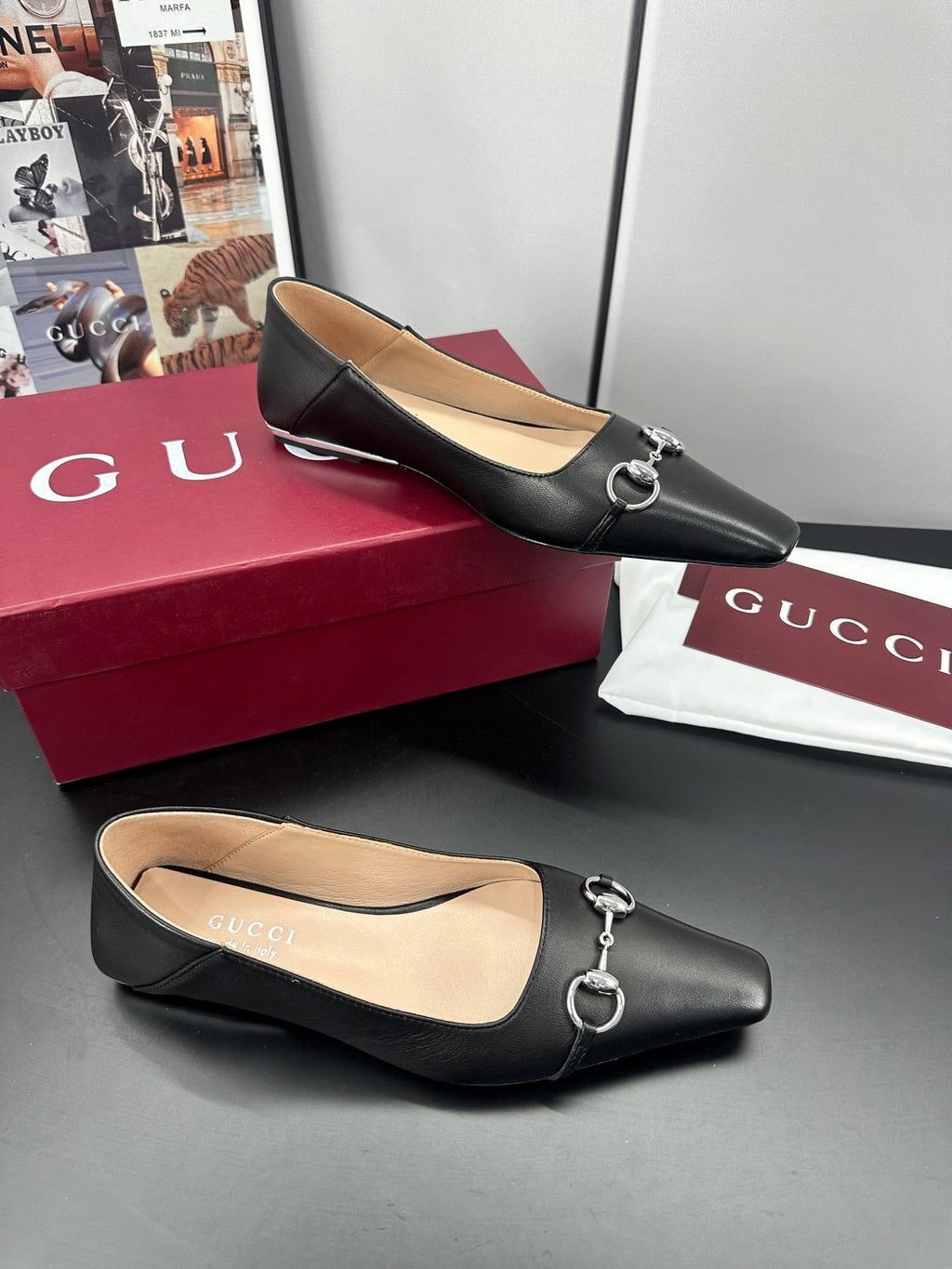 GUCCI 26S VITTORIA BALLERINA SHOES IN BLACK CALFSKIN