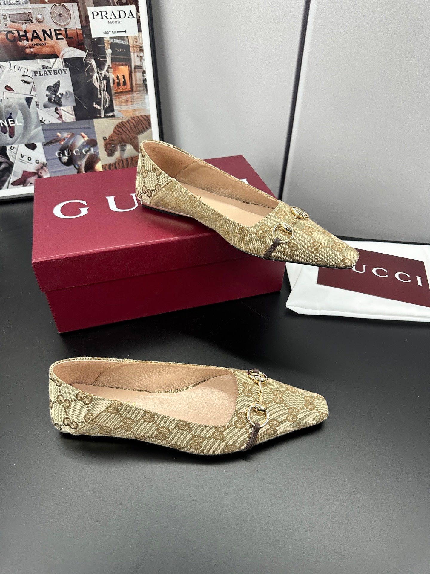 GUCCI 26S VITTORIA BALLERINA SHOES IN DARK BEIGE CANVAS