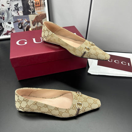 GUCCI 26S VITTORIA BALLERINA SHOES IN DARK BEIGE CANVAS