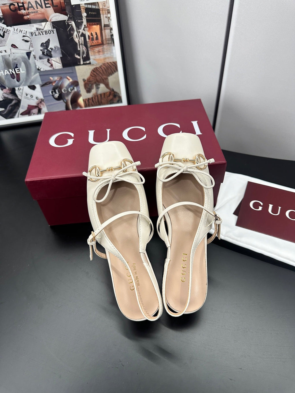 GUCCI 26S SLINGBACK 25 MM IN CREAM WHITE CALFSKIN