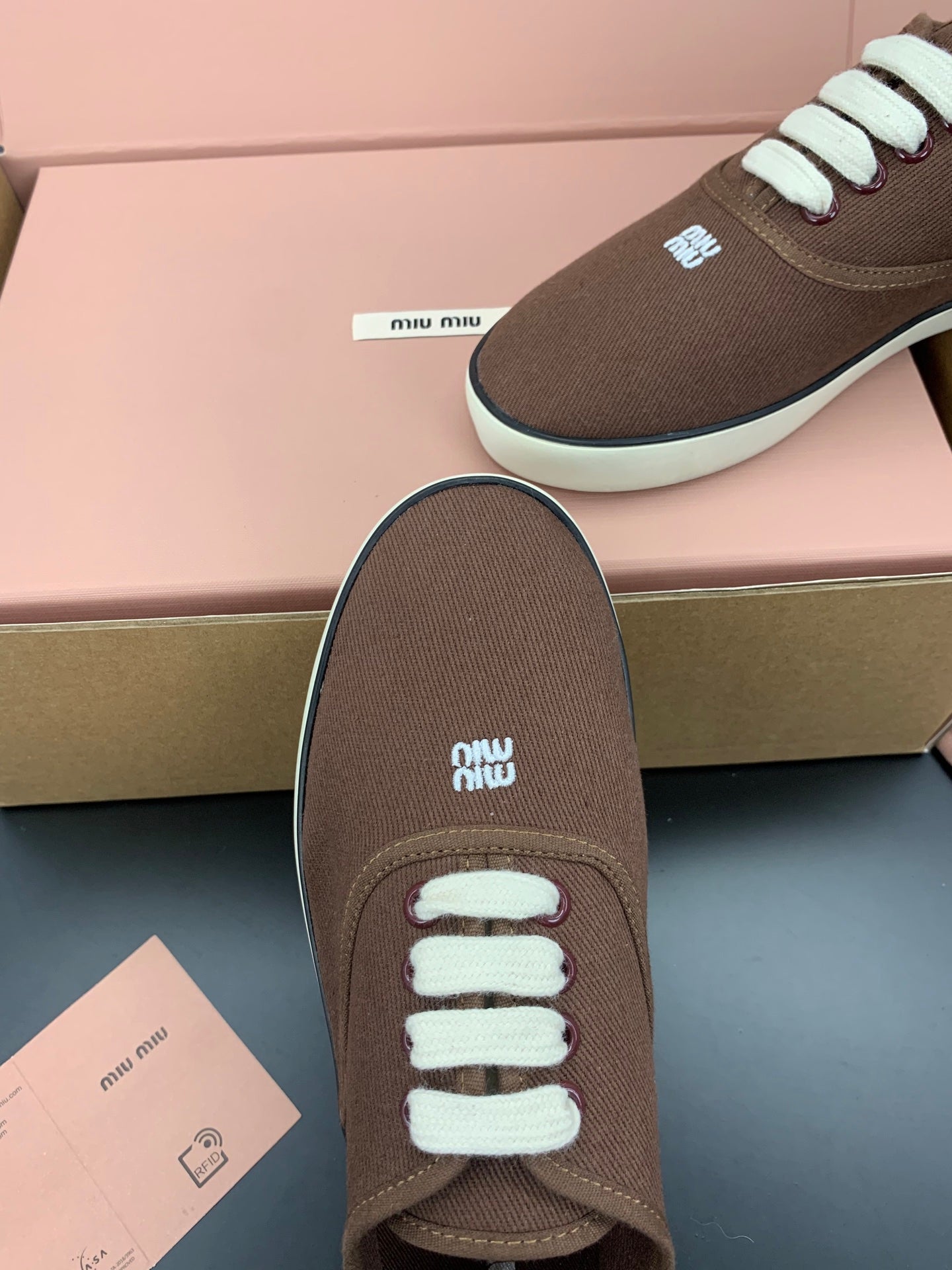 MIUMIU 26S LACE UP SNEAKERS IN DARK BROWN CANVAS RUBBER SOLE