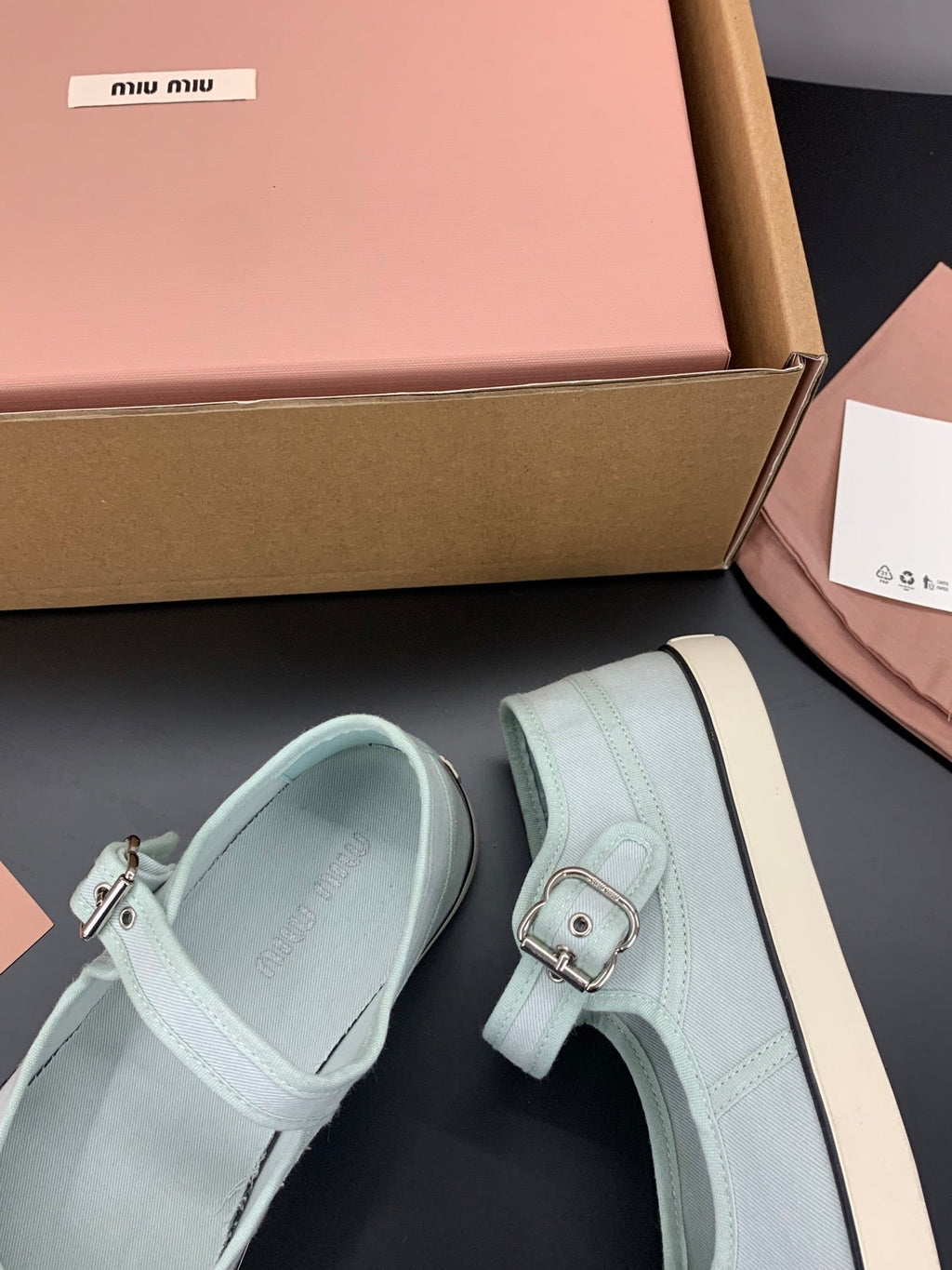 MIUMIU 26S MARY JANE FLATS IN PALE MINT CANVAS LOGO