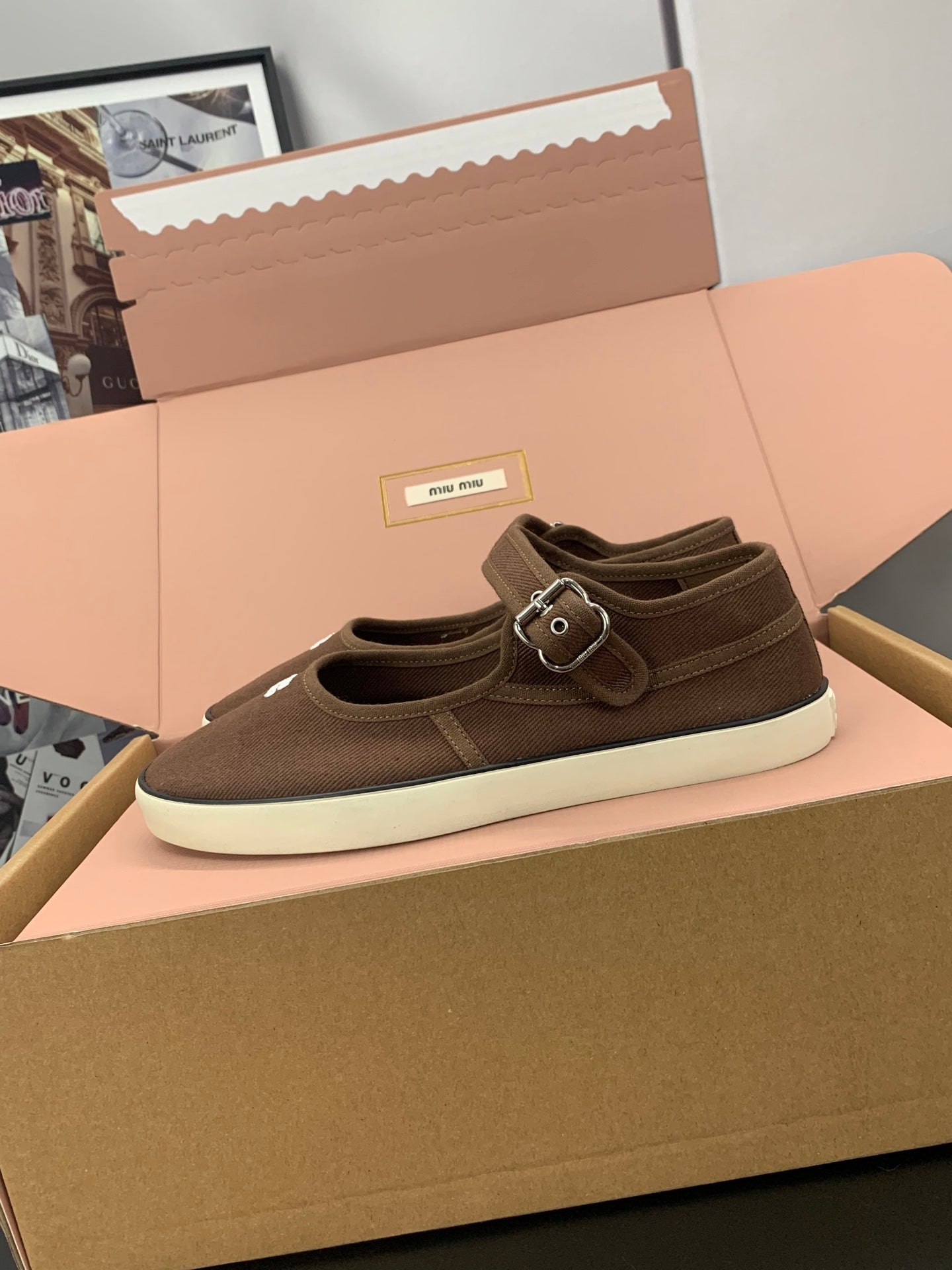 MIUMIU 26S MARY JANE FLATS IN DARK BROWN CANVAS LOGO