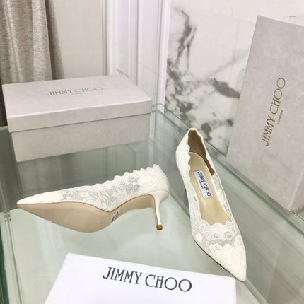 JIMMY CHOO 26S SCALLOPED LACE PUMP 65 MM IN WHITE FABRIC