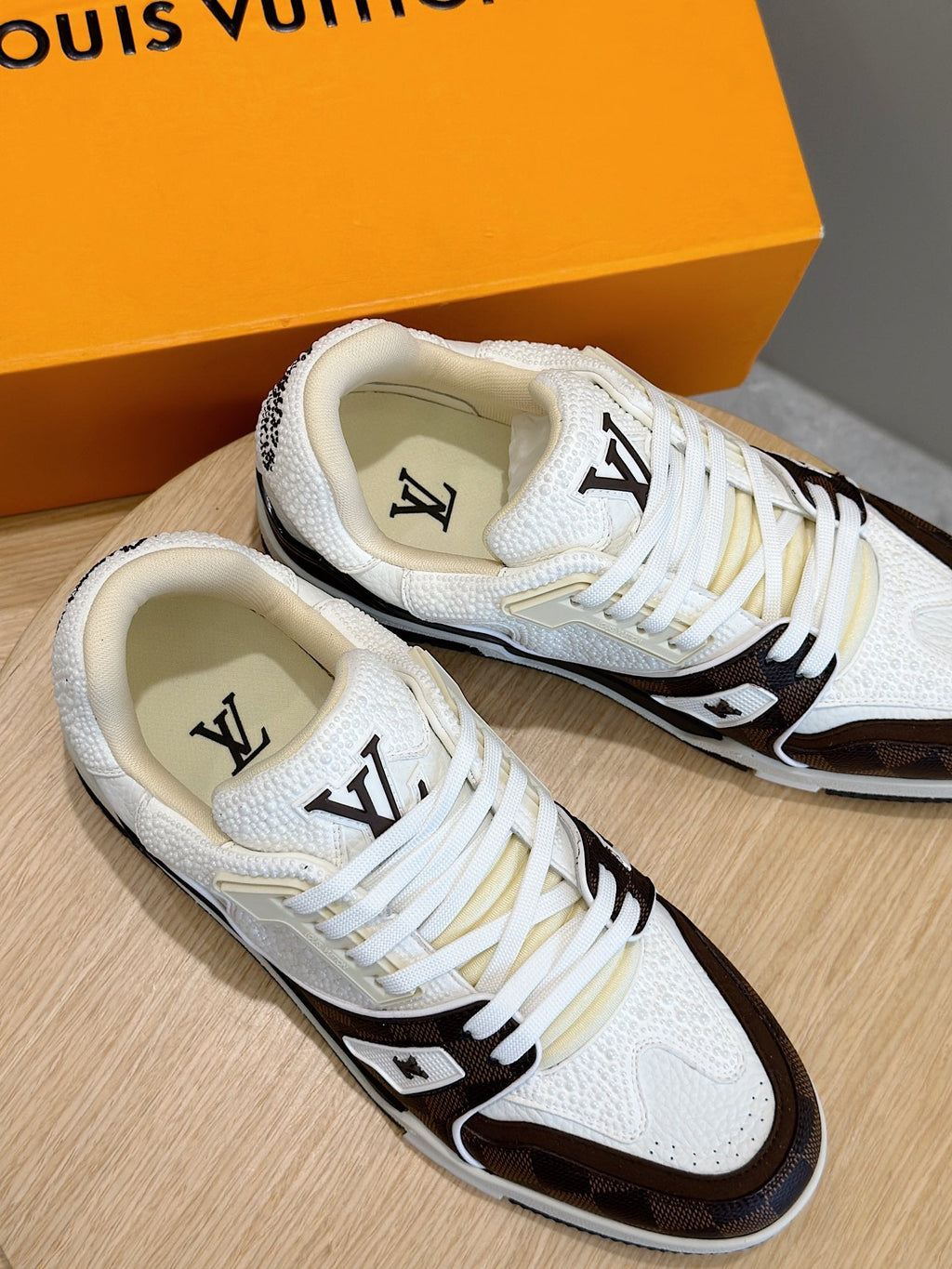 LV TRAINER CHOCOLATE BROWN DAMIER MIX WHITE GRAINED CALFSKIN