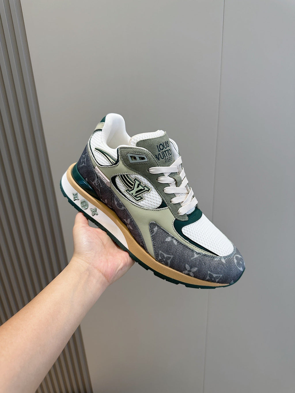 LV RUN AWAY SNEAKERS IN GREY MESH FABRIC AND SUEDE