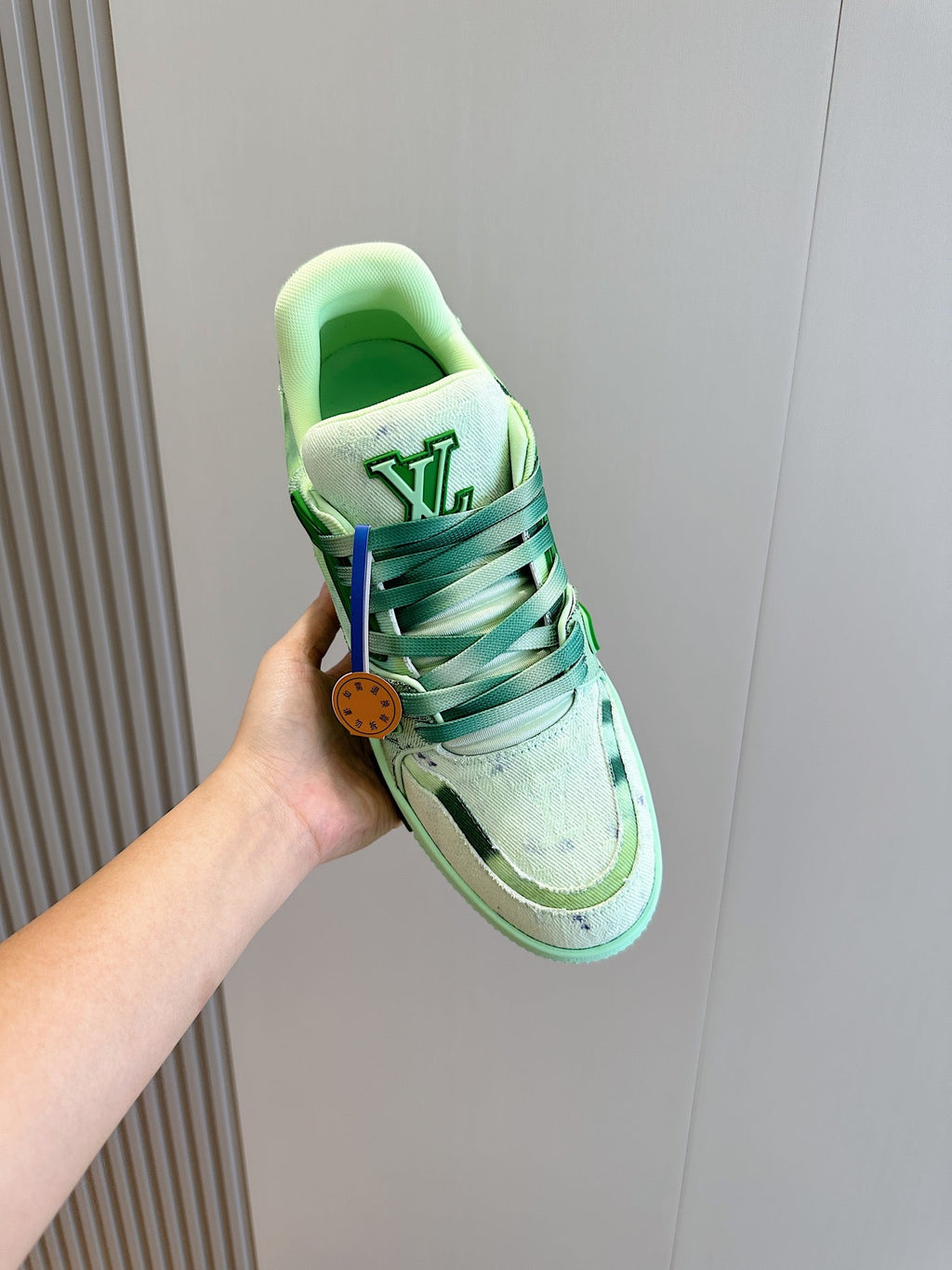 LV TRAINER SNEAKER LIGHT GREEN MONOGRAM DENIM AND CALFSKIN