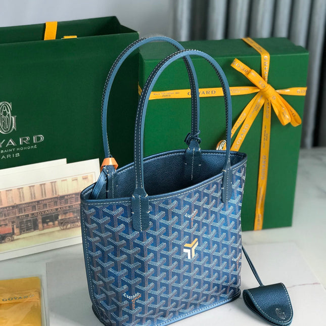 ANJOU MINI BAG 20 IN NAVY BLUE  CALFSKIN AND GOYARDINE CANVAS