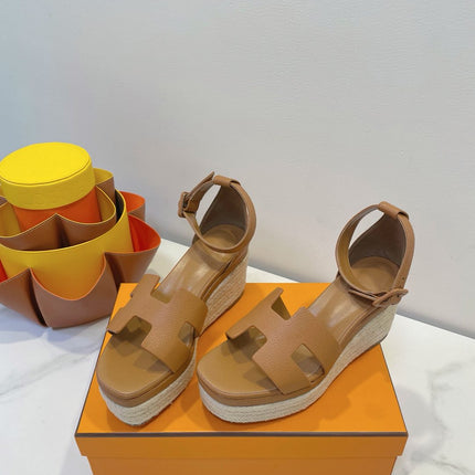 HM 26S ESPADRILLE WEDGE SANDALS IN BROWN CALFSKIN