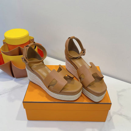 HM 26S ESPADRILLE WEDGE SANDALS IN BROWN CALFSKIN