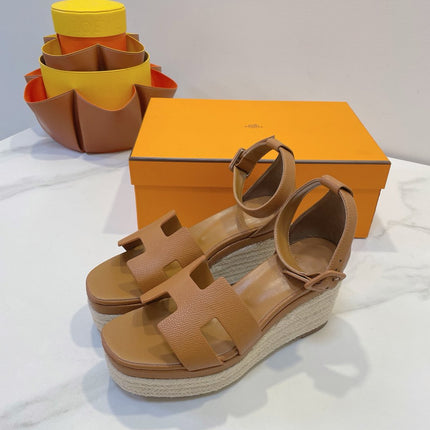 HM 26S ESPADRILLE WEDGE SANDALS IN BROWN CALFSKIN