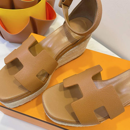 HM 26S ESPADRILLE WEDGE SANDALS IN BROWN CALFSKIN