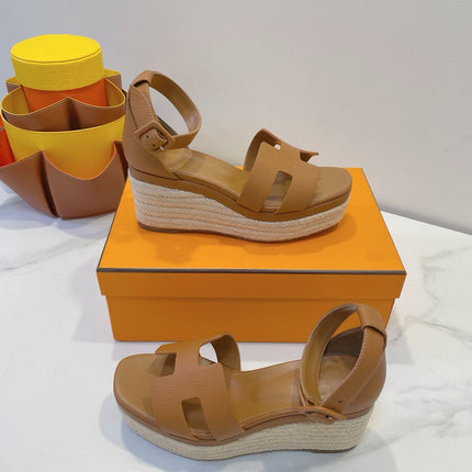 HM 26S ESPADRILLE WEDGE SANDALS IN BROWN CALFSKIN