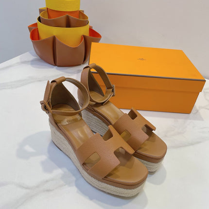 HM 26S ESPADRILLE WEDGE SANDALS IN BROWN CALFSKIN