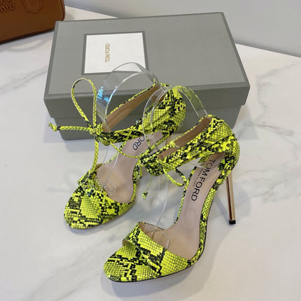 TOM FORD 26S HIGH HEEL SANDALS IN NEON YELLOW AND BLACK SNAKESKIN CALFSKIN