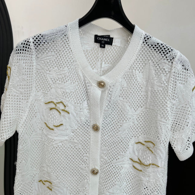 CHANEL 26S BUTTON-UP SHORT-SLEEVE KNIT TOP STYLE 1159