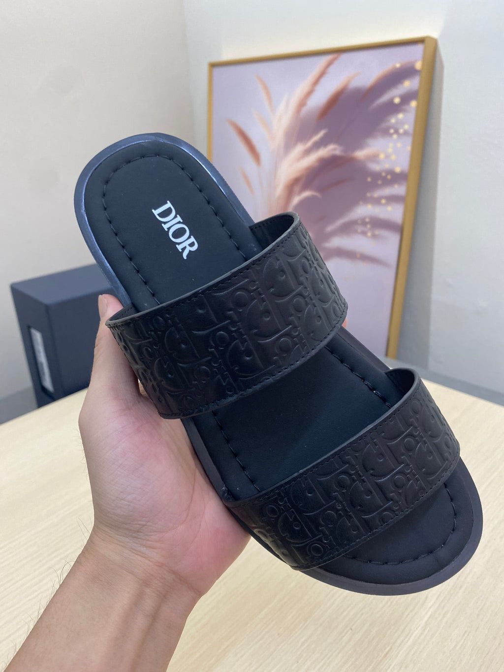 CD DOUBLE STRAP SLIPPER BLACK MONOGRAM CALFSKIN