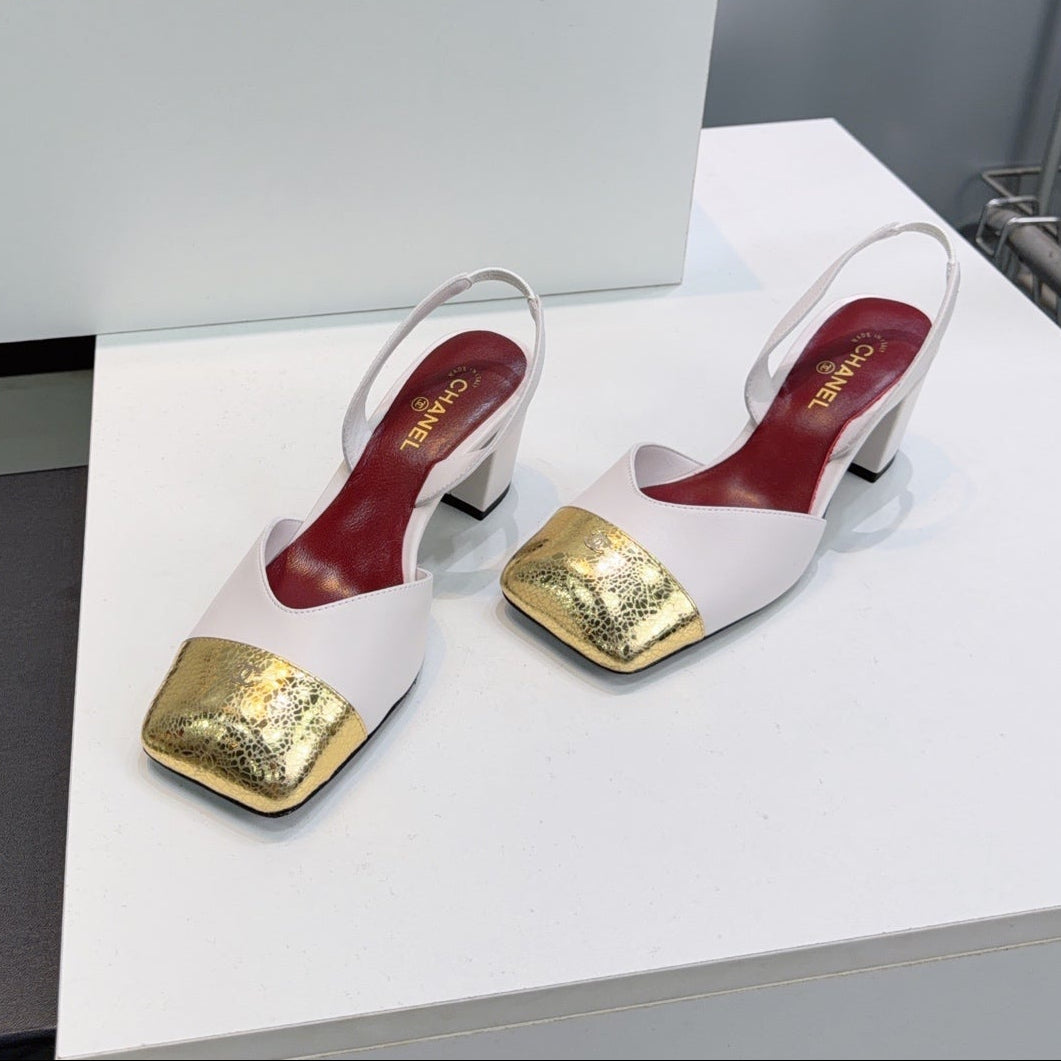 26S SLINGBACK 55 MM IN WHITE LAMBSKIN WITH GOLD CAP TOE