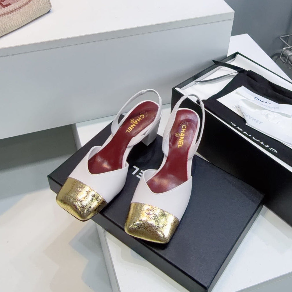 26S SLINGBACK 55 MM IN WHITE LAMBSKIN WITH GOLD CAP TOE