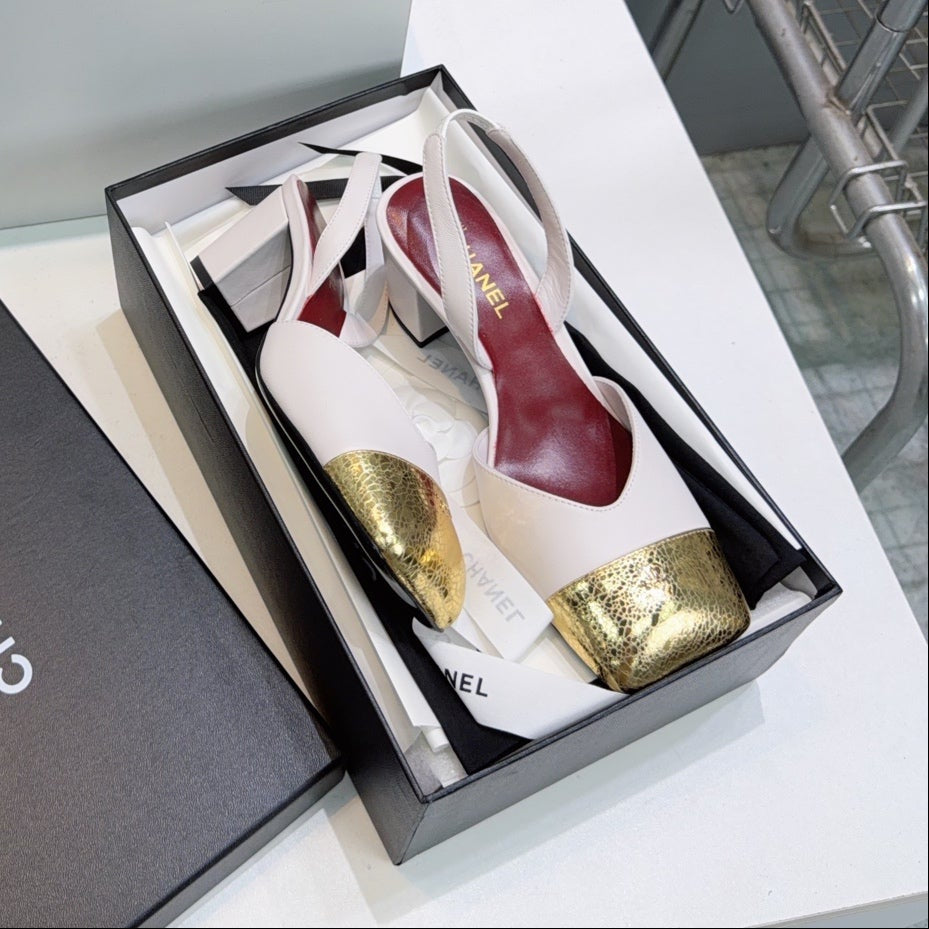 26S SLINGBACK 55 MM IN WHITE LAMBSKIN WITH GOLD CAP TOE