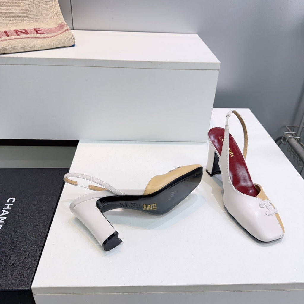 CHANEL 26S SLINGBACK 100 MM IN BEIGE AND WHITE LAMBSKIN
