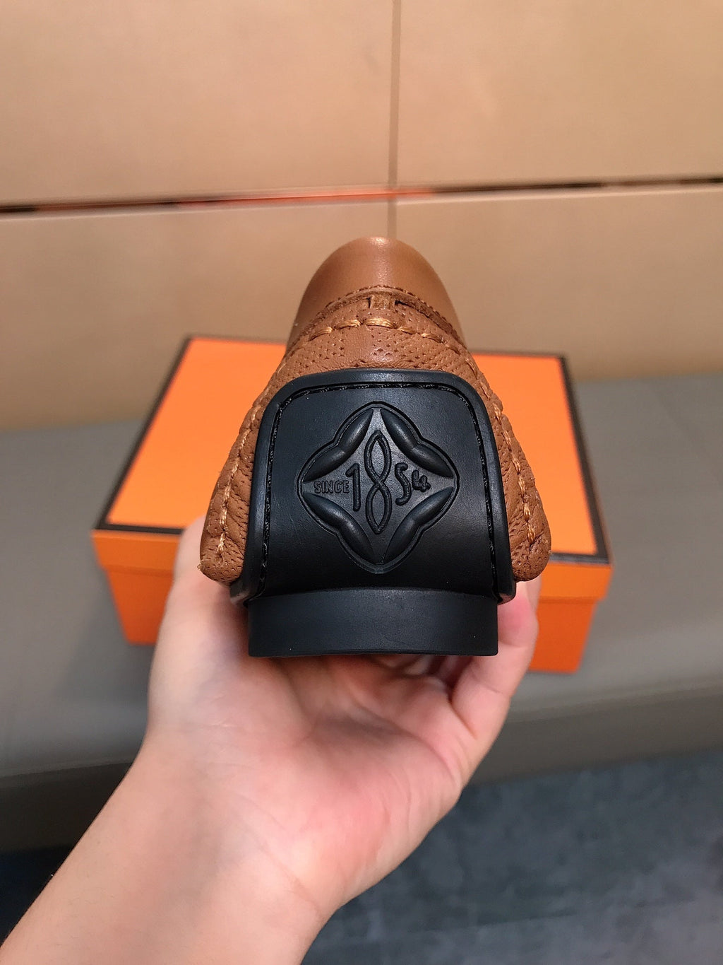 LV LOAFERS IN RUSSET BROWN CALFSKIN WITH BRANDED EMBOSSING