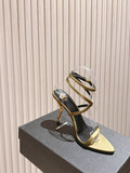 YSL 25S STRAPPY HIGH-HEEL SANDALS 100 MM IN OLIVE GREEN LAMBSKIN