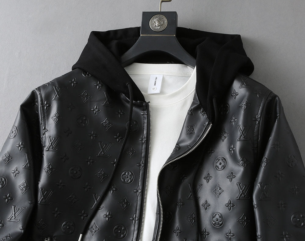 LV HOODED JACKET IN BLACK EMBOSSED CALFSKIN AND COTTON 239057
